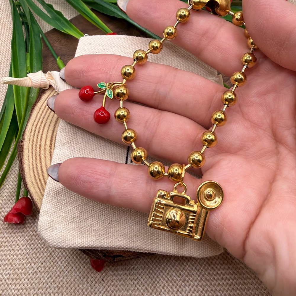Handmade steel 18k Gold Beaded Necklace with Camera Charm